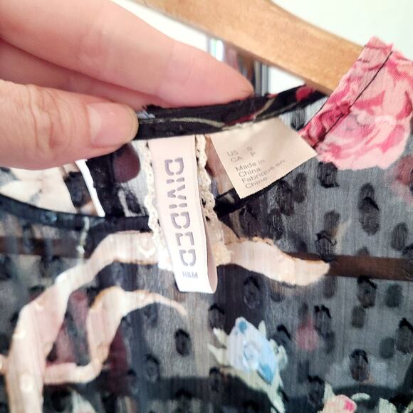 H&M DIVIDED Sheer Ruffle BOWS Floral Black Y2k Dress Sz Small Ruffle - Picture 6 of 6